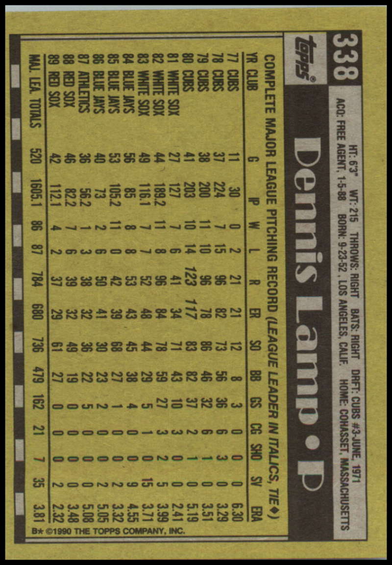 1990 Topps #338 Dennis Lamp Baseball Card featuring Boston Red Sox player stats