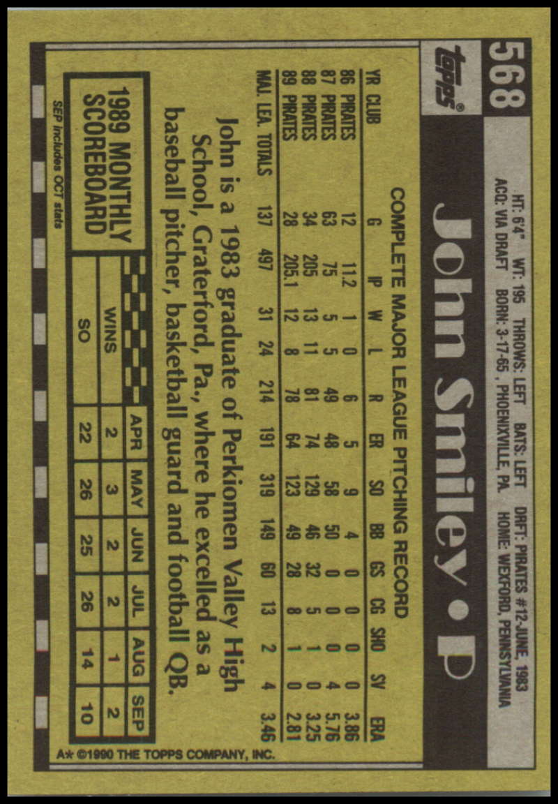 Vintage 1990 Topps #568 John Smiley Pittsburgh Pirates Baseball Card with stats and info