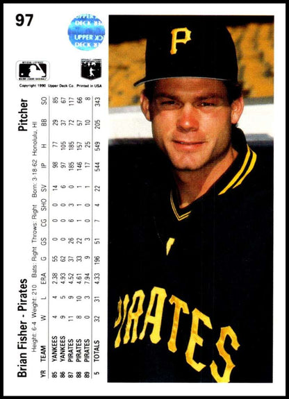 Baseball card of Brian Fisher in black Pittsburgh Pirates uniform from Upper Deck