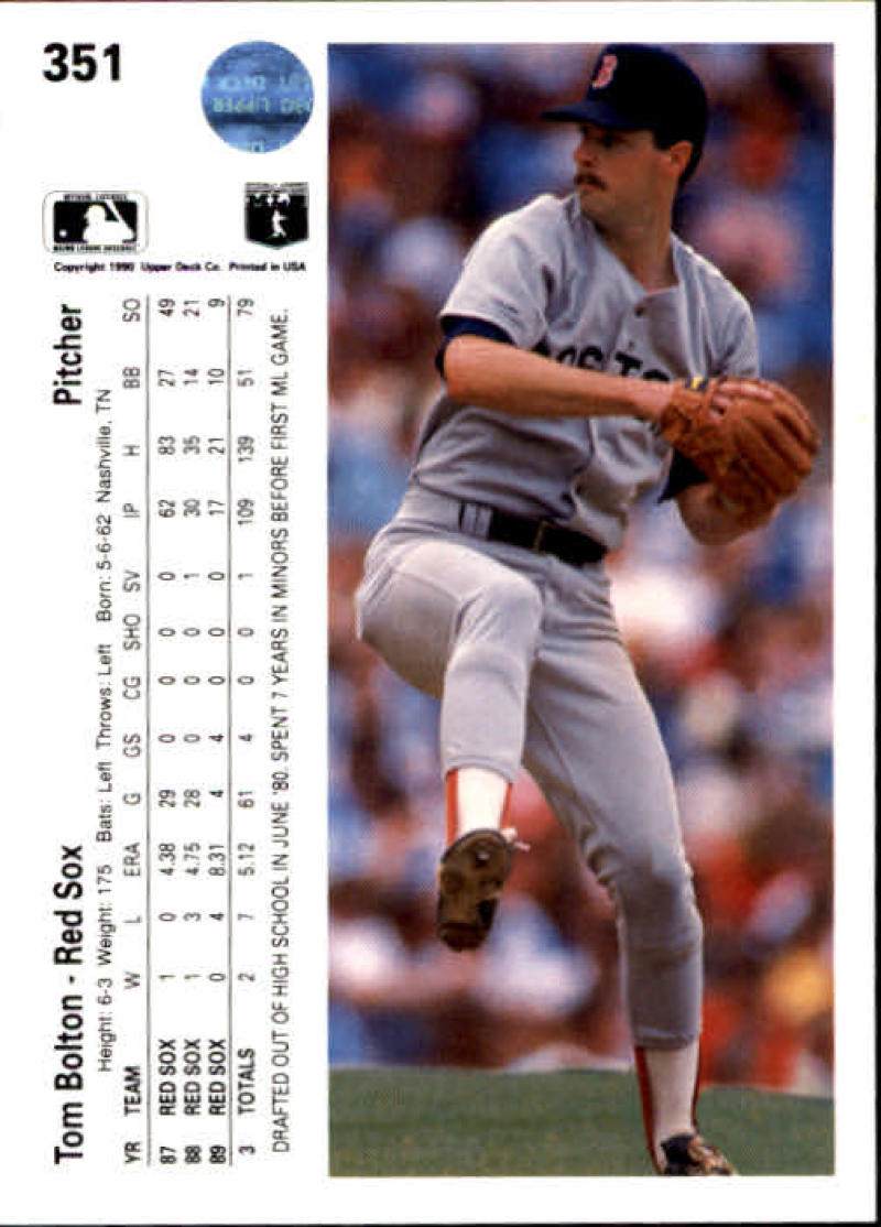 Tom Bolton in Red Sox away uniform mid-pitching for Upper Deck baseball card