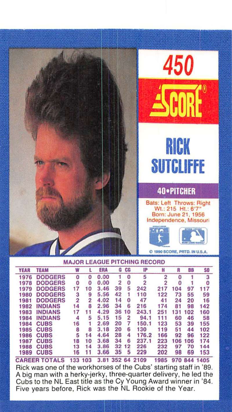 1991 Score Baseball Card featuring Rick Sutcliffe and Chicago Cubs career highlights