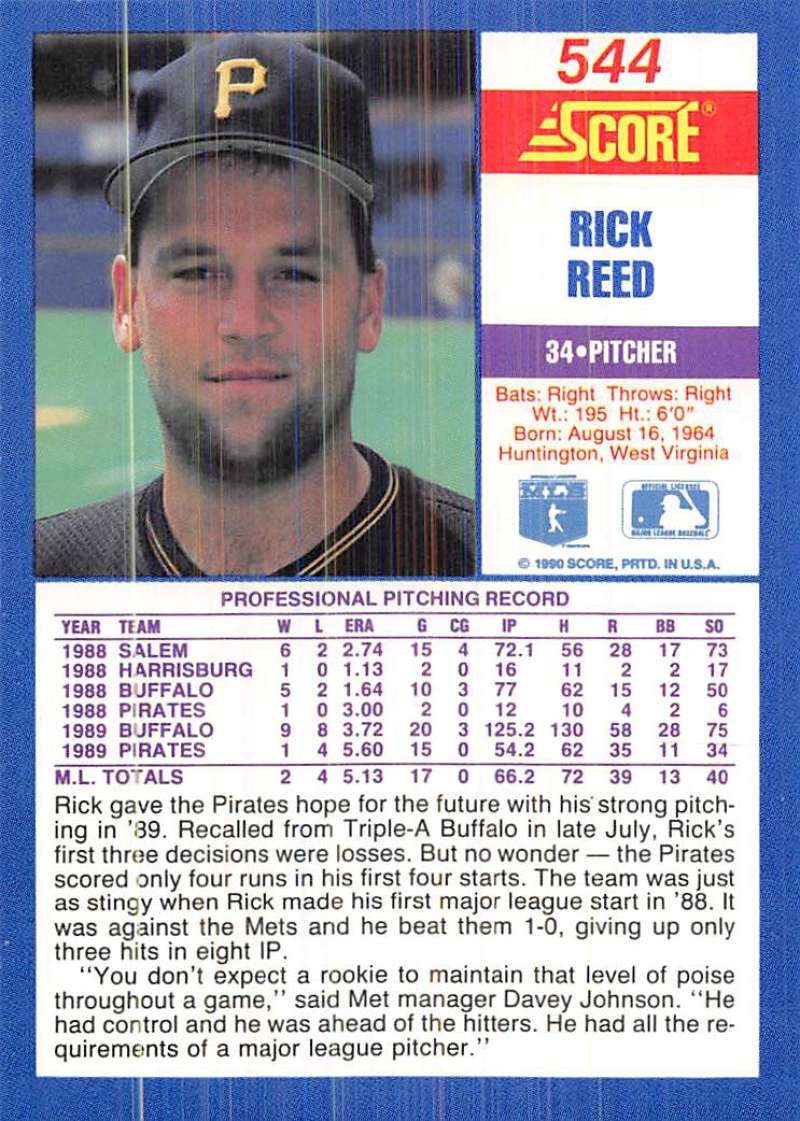 1989 Score Baseball Card of Rick Reed, Pittsburgh Pirates Pitcher in Black Cap