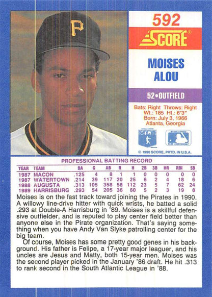 Vintage 1990 Score #592 Moises Alou Pittsburgh Pirates baseball card featuring black cap