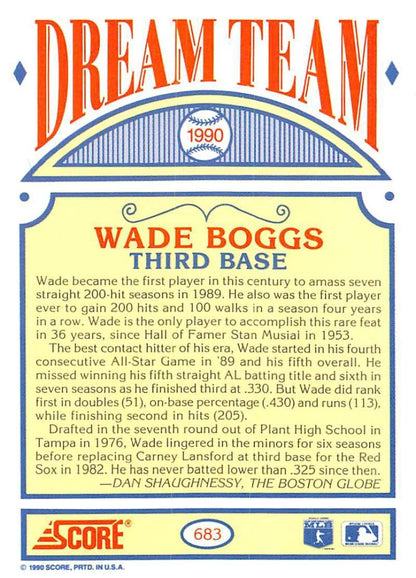 1990 Score Wade Boggs Baseball Card, Red Sox Third Baseman from Dream Team Set