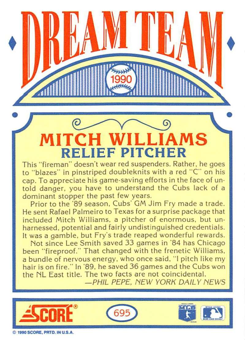 Baseball card of Mitch Williams relief pitcher Chicago Cubs 1990 Score Dream Team set