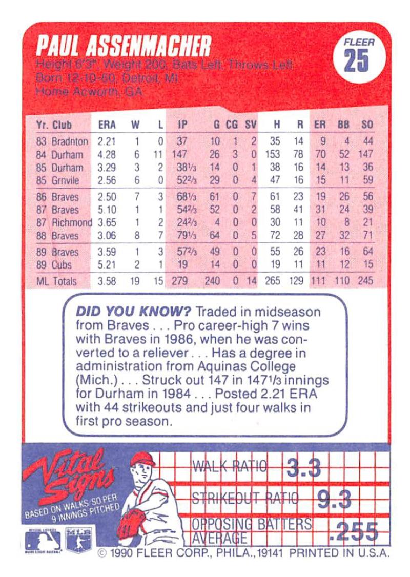 1990 Fleer #25 Paul Assenmacher Chicago Cubs baseball card with player stats and illustration