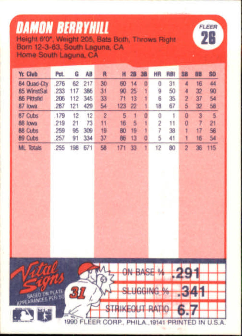 1990 Fleer Damon Berryhill Chicago Cubs baseball card with player statistics in red and white