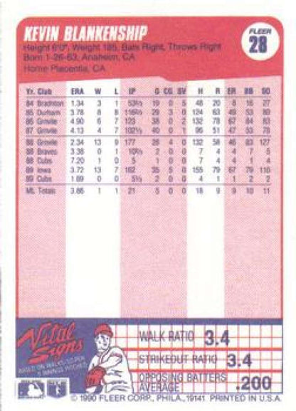 1990 Fleer #28 Kevin Blankenship Chicago Cubs Baseball Card with player stats illustration