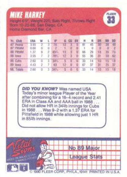 Baseball card featuring Mike Harkey stats for Chicago Cubs, 1990 Fleer #33