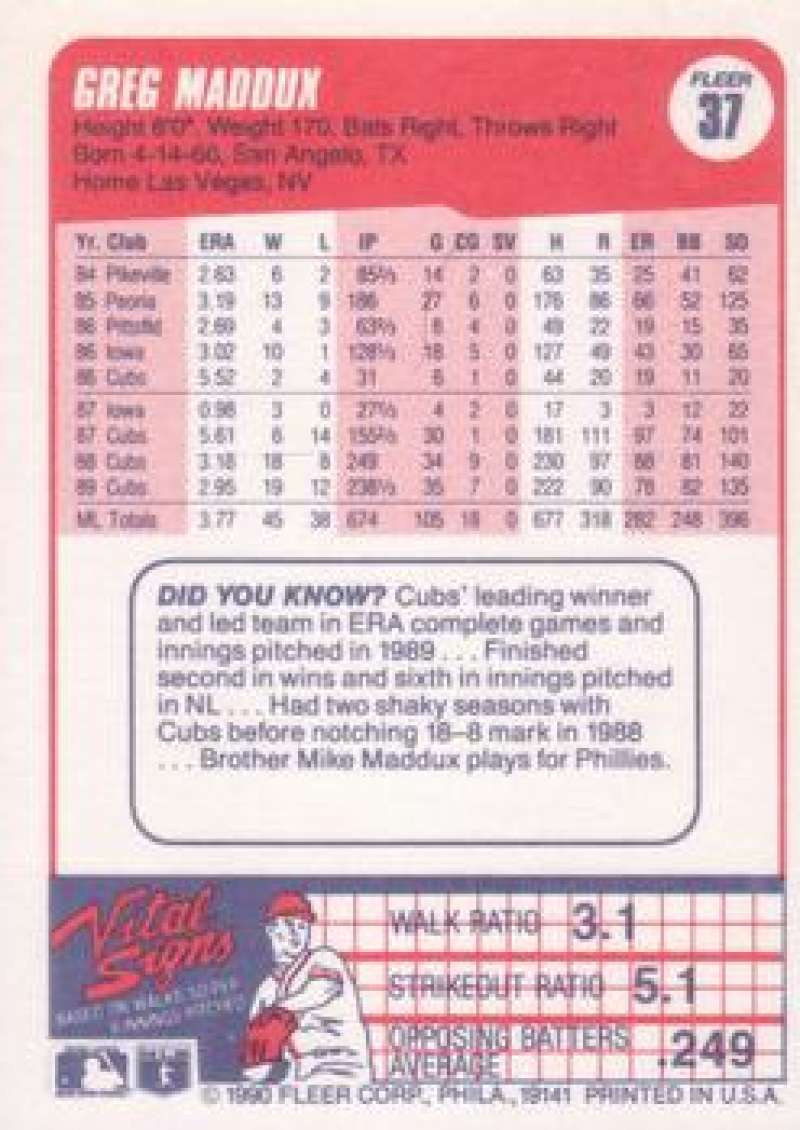 Baseball card of Greg Maddux with player stats for Chicago Cubs 1990 Fleer #37