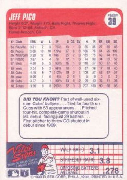 Jeff Pico Chicago Cubs Baseball Card with player stats on a vibrant red background