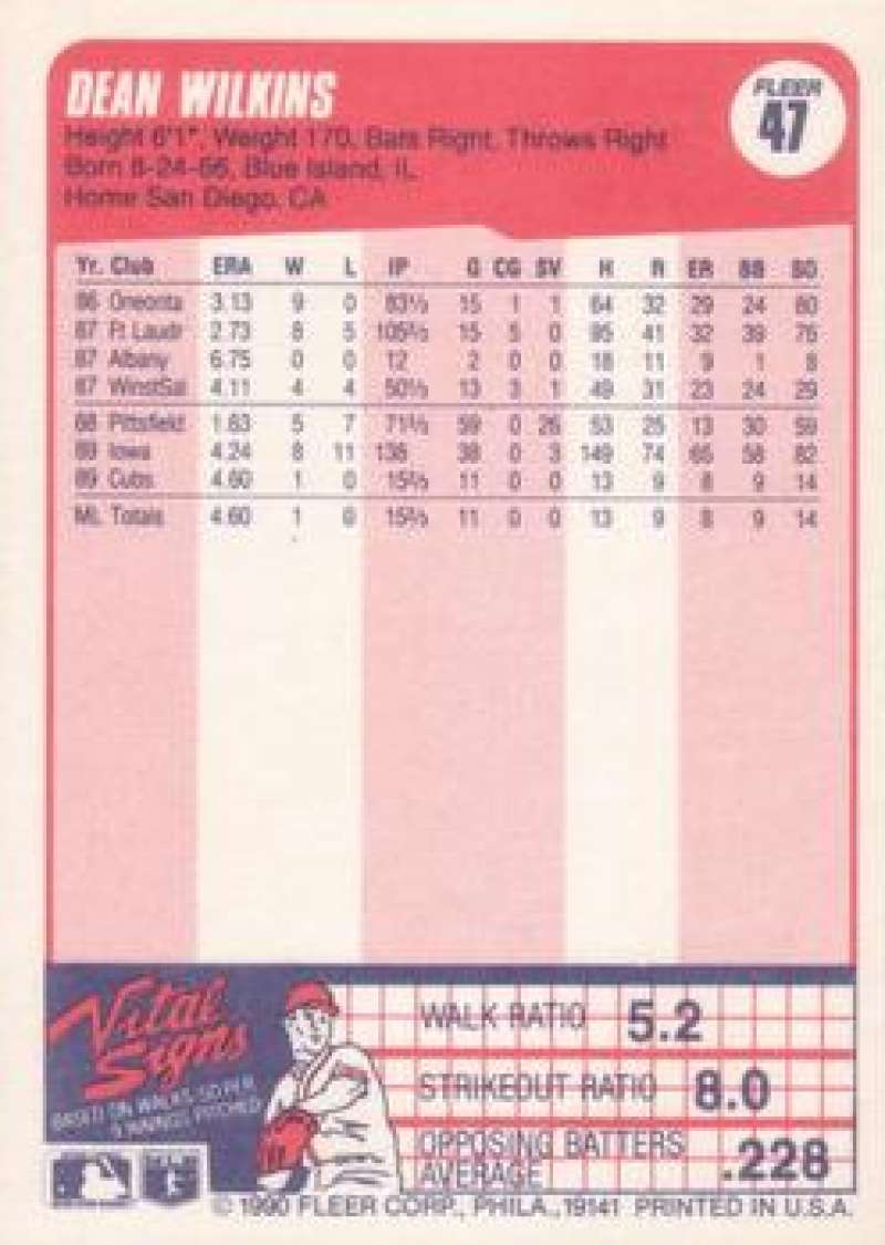 Baseball card featuring Dean Wilkins rookie statistics in pink design for Chicago Cubs