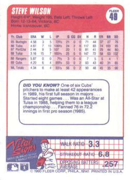 1990 Fleer #49 Steve Wilson Chicago Cubs Baseball Card with player statistics and info