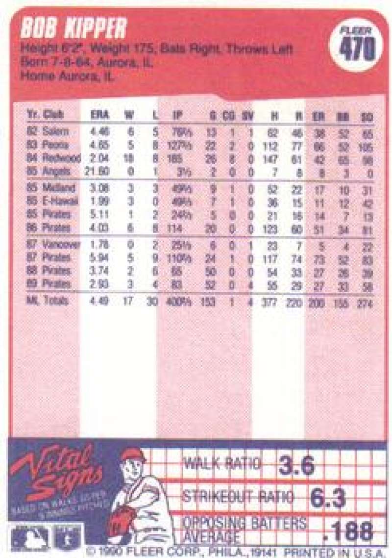 1990 Fleer Bob Kipper Baseball Card featuring Pittsburgh Pirates statistics and career info