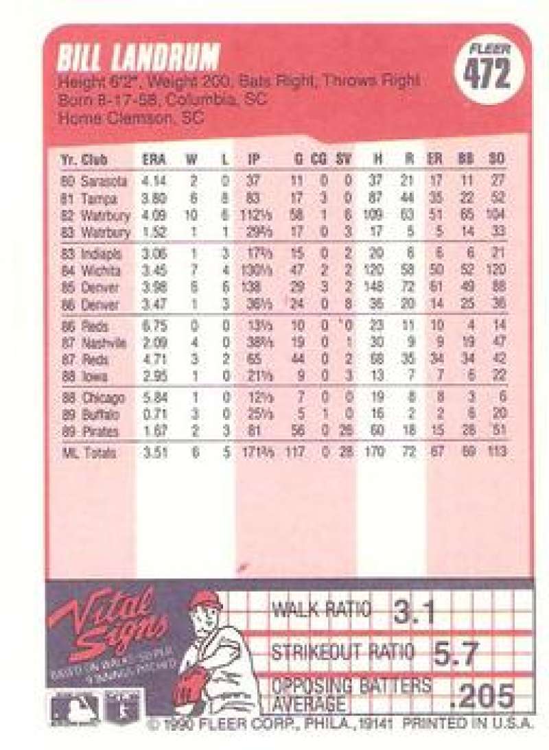 1990 Fleer #472 Bill Landrum Baseball Card showcasing Pittsburgh Pirates player stats