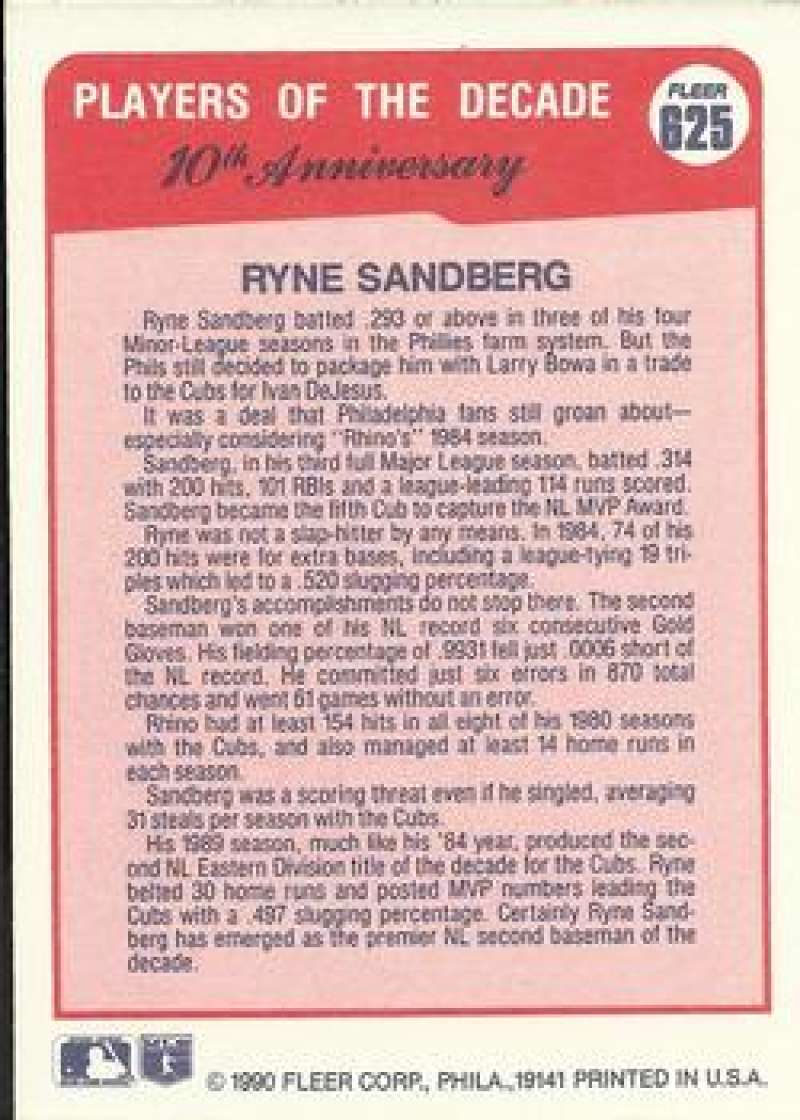 1990 Fleer #625 Ryne Sandberg Chicago Cubs Baseball Card from Players of the Decade series