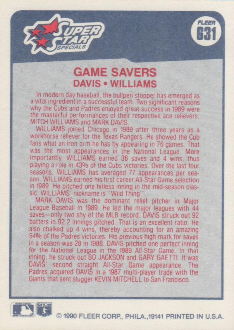 1990 Fleer #631 Mark Davis and Mitch Williams Game Savers Baseball Card San Diego Padres