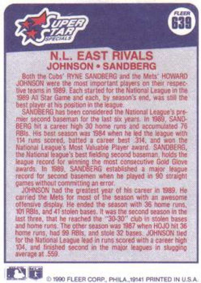 Baseball card featuring Howard Johnson and Ryne Sandberg with red text on white background