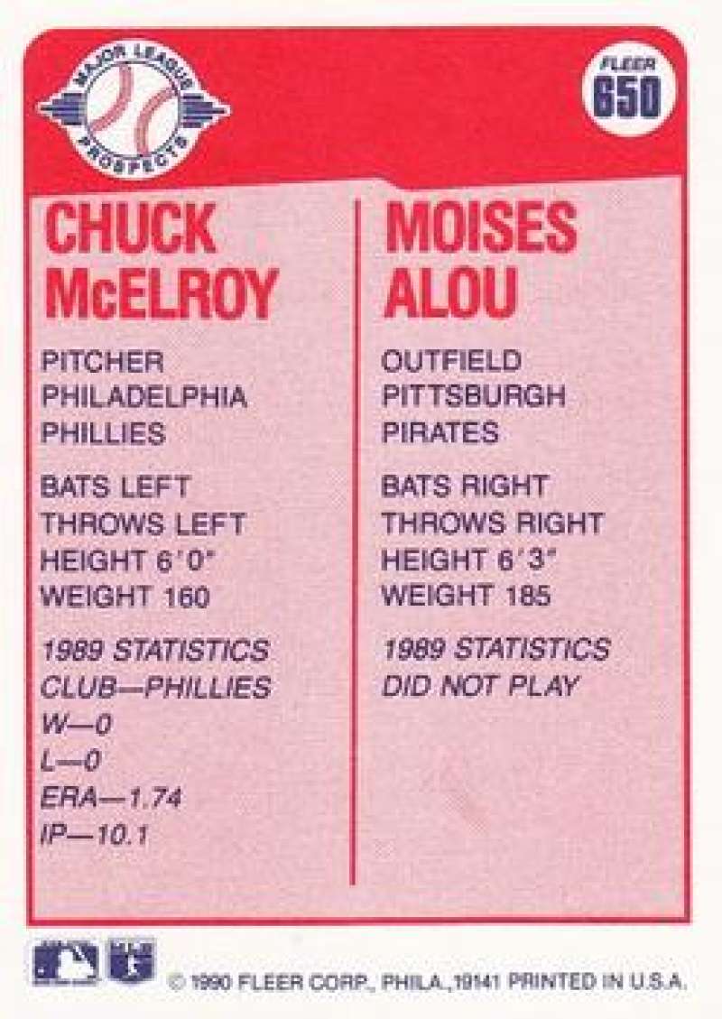 Baseball card showcasing Chuck McElroy and Moises Alou statistics from 1989