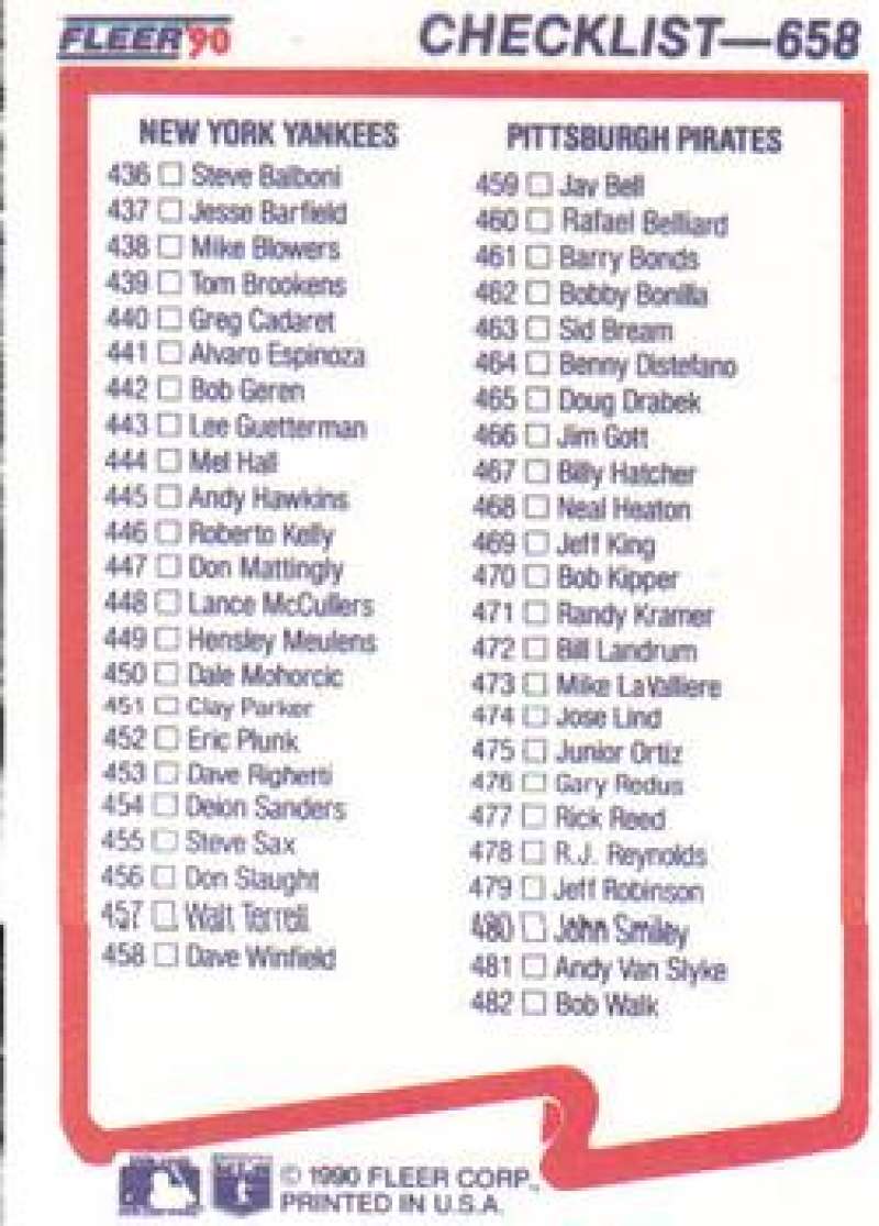 Baseball card checklist for Yankees and Pirates in 1990 Fleer Dodgers/Reds product