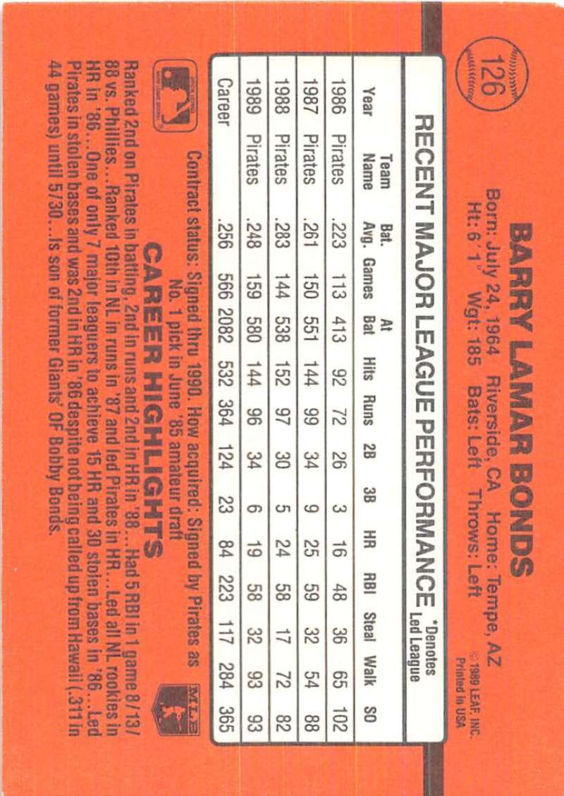 Orange baseball card displaying Barry Bonds stats for Pittsburgh Pirates collectibles