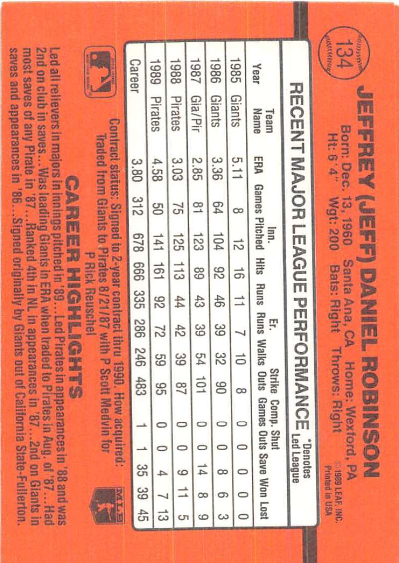 Orange baseball card featuring Jeff Robinson statistics for Pittsburgh Pirates