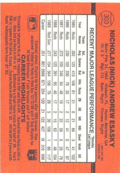 Orange baseball card featuring Nick Esasky stats for Boston Red Sox trading cards