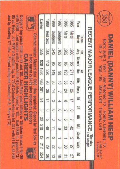 Orange 1990 Donruss #358 Danny Heep baseball card with player stats and performance data