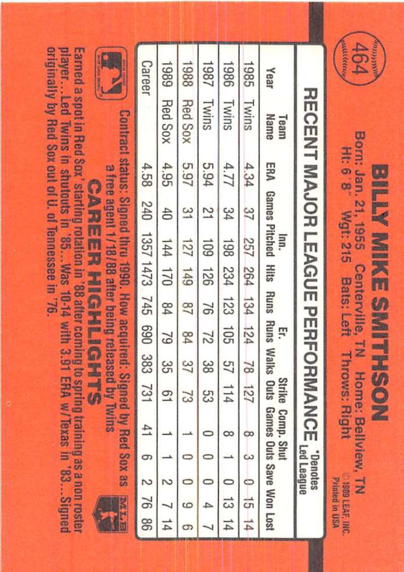 Baseball card statistics grid for 1990 Donruss #464 Mike Smithson in orange and black