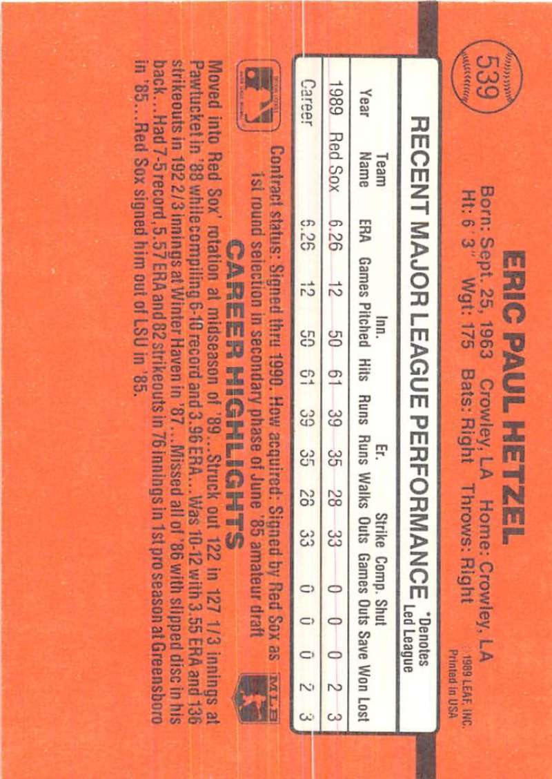 Orange performance rating card for 1990 Donruss Eric Hetzel Red Sox Baseball Card