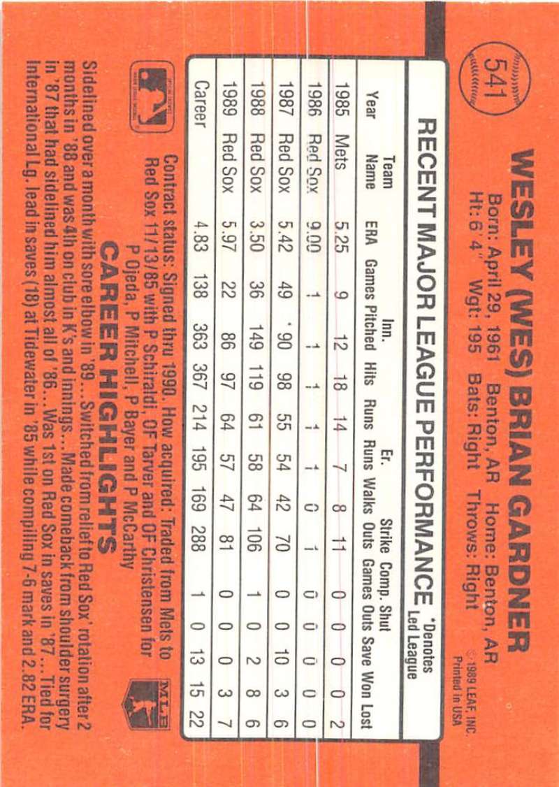 Back of 1990 Donruss #541 Wes Gardner Baseball Card with player stats on orange background