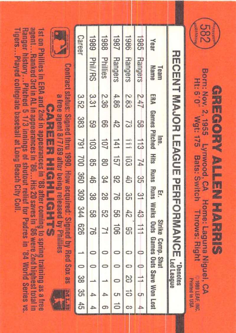 Orange 1990 Donruss #582 Greg Harris Baseball Card featuring 1986 player stats