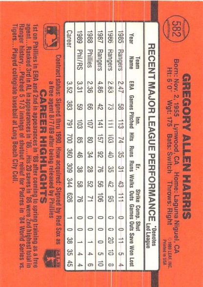 Orange 1990 Donruss #582 Greg Harris Baseball Card featuring 1986 player stats