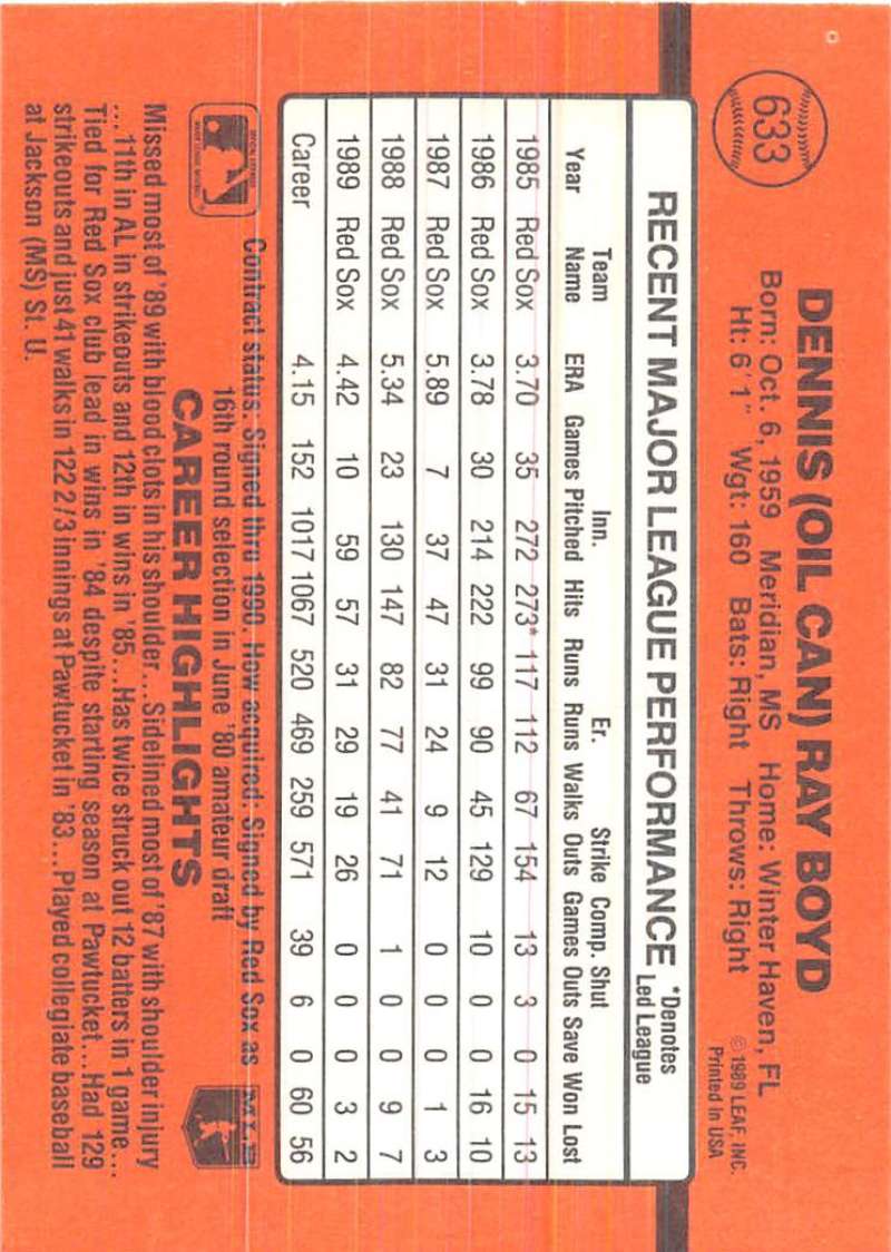 Orange 1990 Donruss #633 Oil Can Boyd DP VG-EX Boston Red Sox Baseball Card statistics