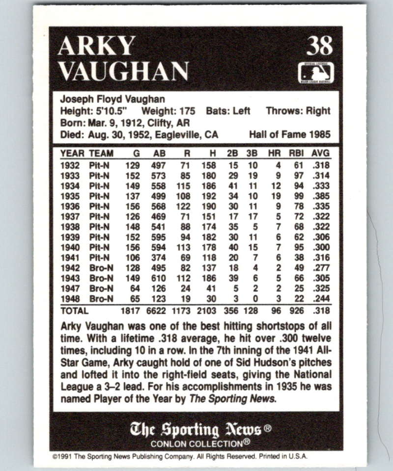 Baseball card featuring Arky Vaughan’s stats from the Conlon Collection Pittsburgh Pirates