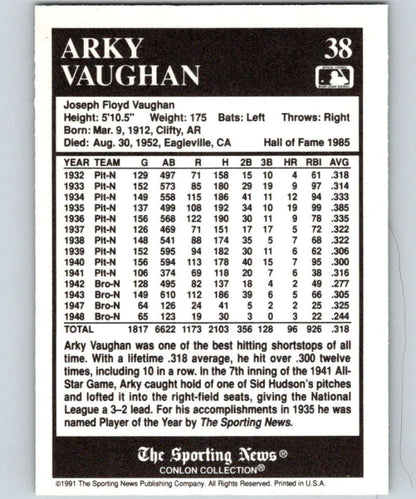 Baseball card featuring Arky Vaughan’s stats from the Conlon Collection Pittsburgh Pirates