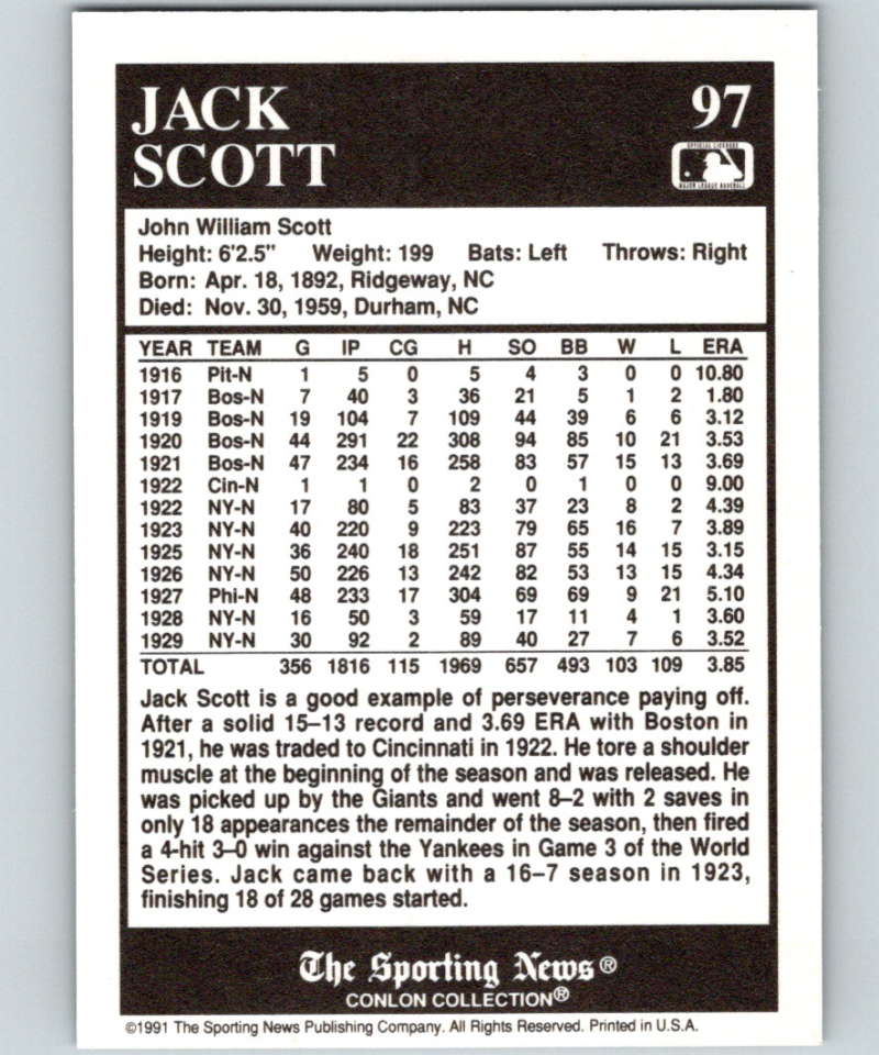 Jack Scott Pittsburgh Pirates baseball card with career stats from The Sporting News