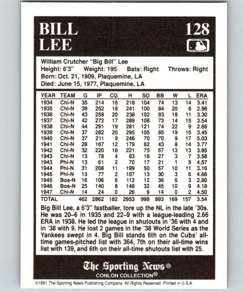 Bill Lee career stats on a 1991 Conlon Collection Chicago Cubs baseball card