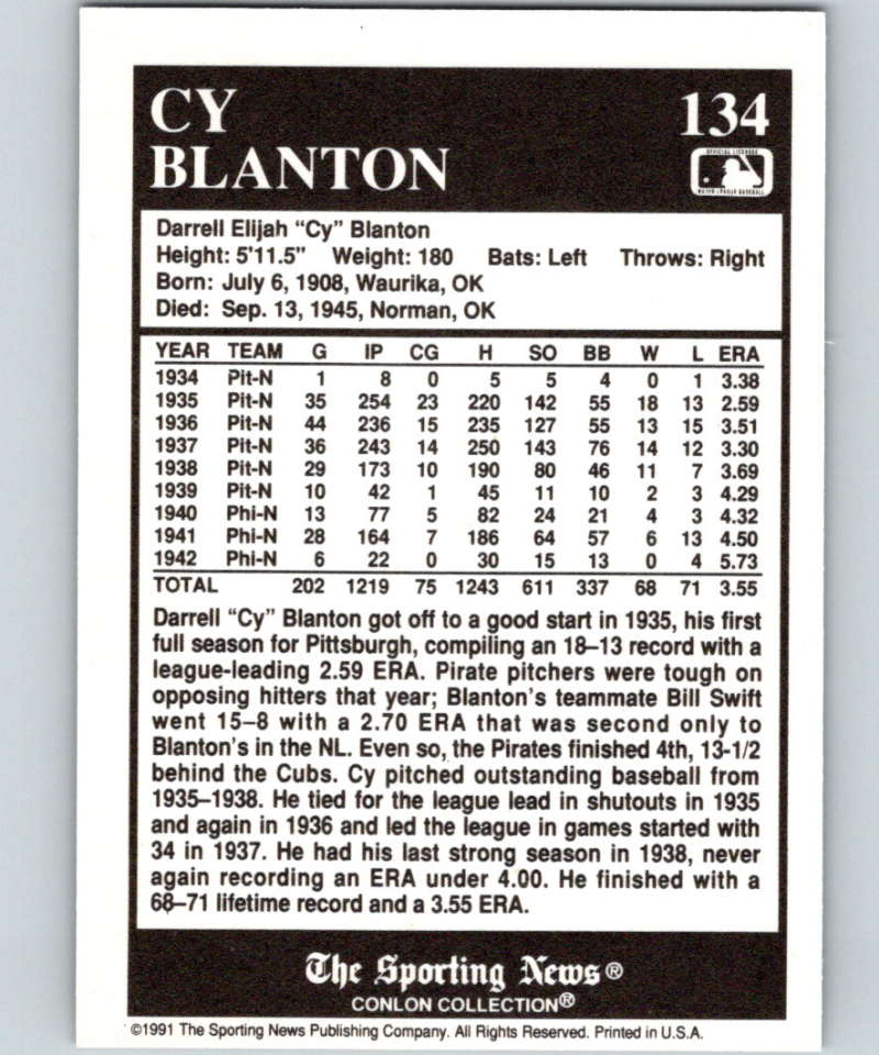 1991 Conlon Collection #134 Cy Blanton Excellent Pittsburgh Pirates Baseball Card statistics