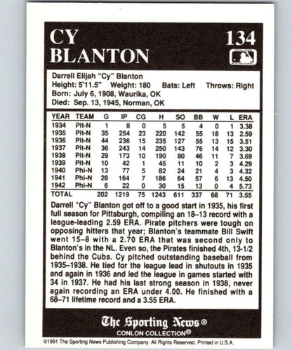 1991 Conlon Collection #134 Cy Blanton Excellent Pittsburgh Pirates Baseball Card statistics