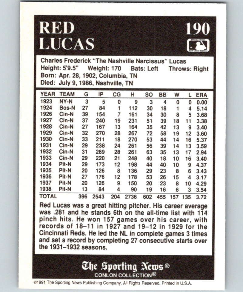 Baseball card statistics for Red Lucas showing career MLB pitching record 1923-1938