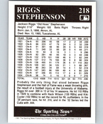 Baseball card showcasing Riggs Stephenson statistics from the Conlon Collection for Chicago Cubs