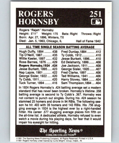 1991 Conlon Collection #251 Rogers Hornsby Baseball Card with stats and highlights for Louis Cardinals