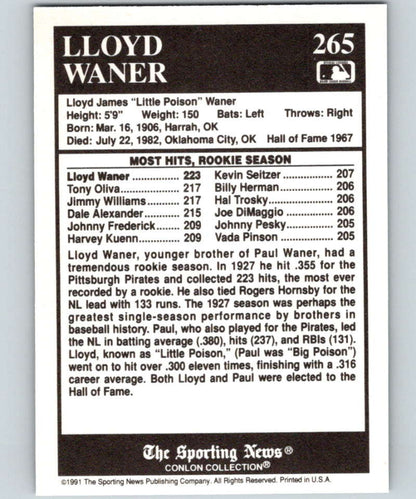 Baseball card featuring Lloyd Waner statistics from the Conlon Collection for Pittsburgh Pirates