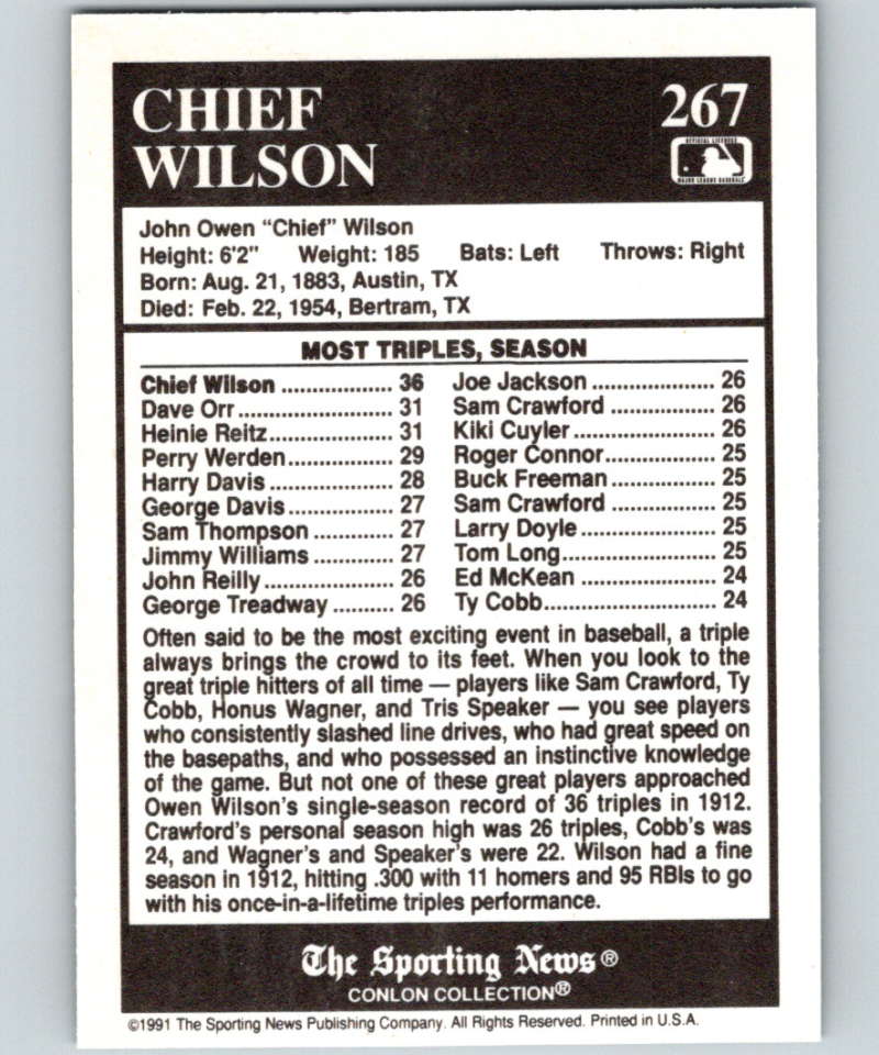 Chief Wilson statistics and highlights on 1991 Conlon Collection Pittsburgh Pirates card