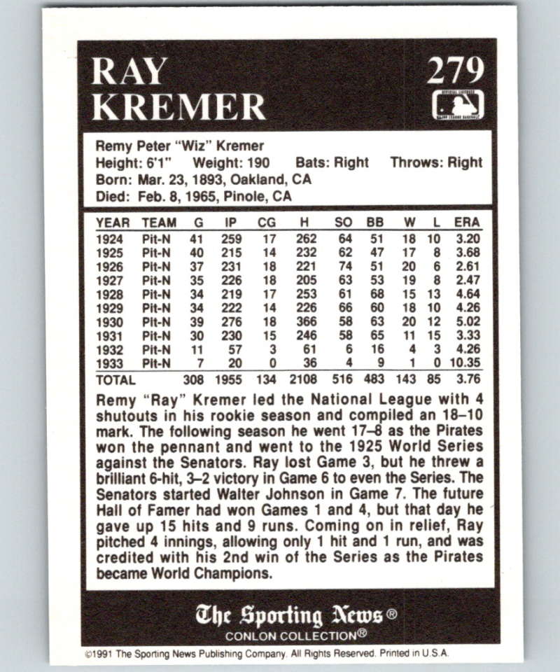 Baseball card of Ray Kremer showcasing his Pittsburgh Pirates statistics from the 1920s