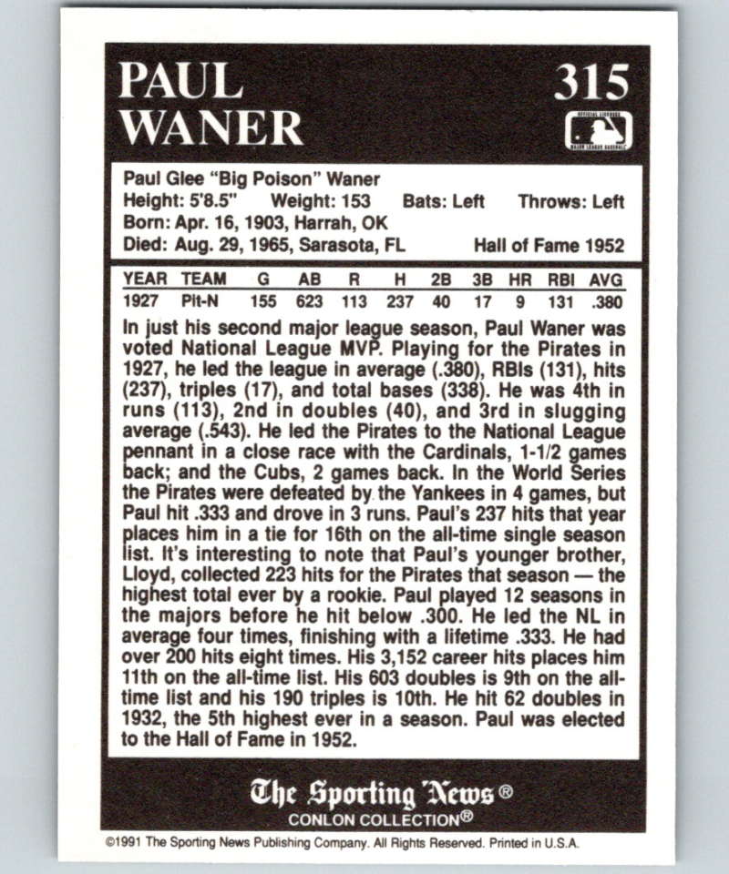 Baseball card showcasing Paul Waner stats and highlights from The Sporting News