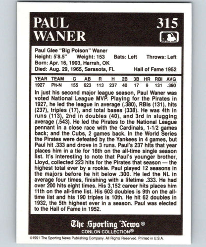 Baseball card showcasing Paul Waner stats and highlights from The Sporting News