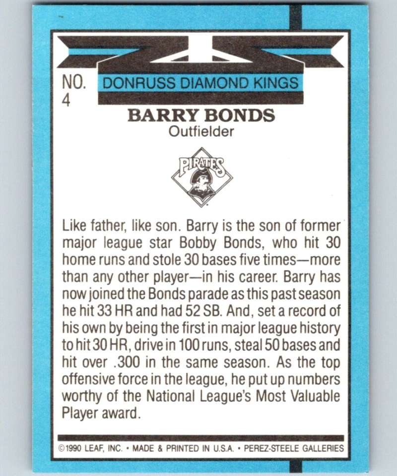 1991 Donruss DK Baseball Card of Barry Bonds, Pittsburgh Pirates Outfielder