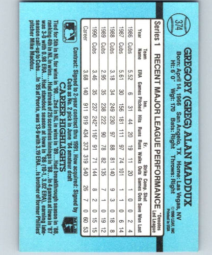 Light blue performance statistics grid for 1991 Donruss Greg Maddux Chicago Cubs Baseball Card